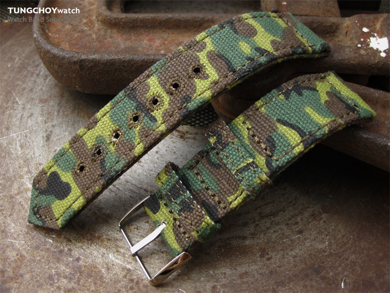 20mm, 21mm or 22mm MiLTAT WW2 2-piece ERDL Camouflage Canvas Watch Band with lockstitch round hole, Polished