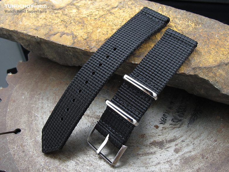 20mm, 22mm Two Piece WW2 G10 Black 3D Nylon, Polished Buckle