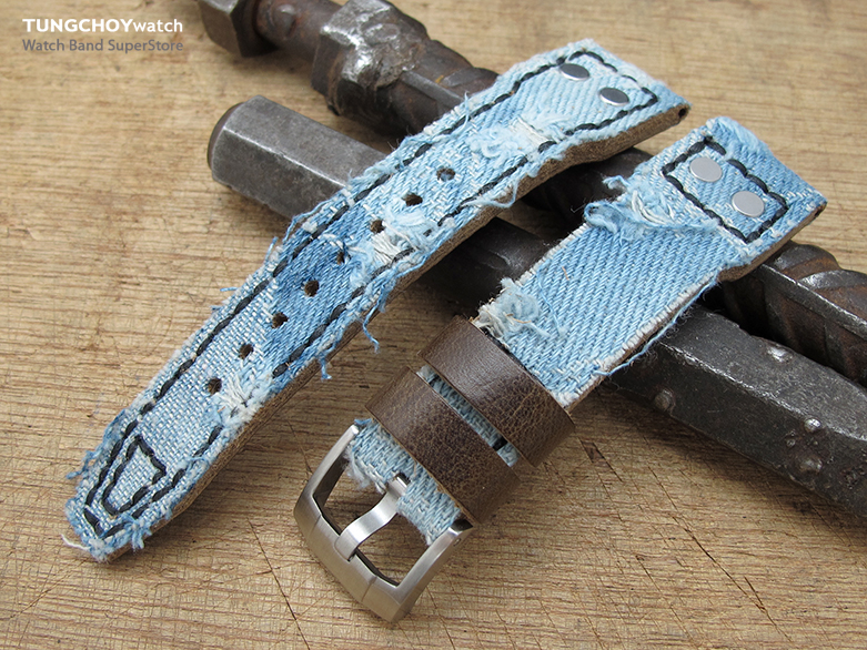 21mm MiLTAT Distressed Light Blue Denim Watch Strap, Rivet Military strap