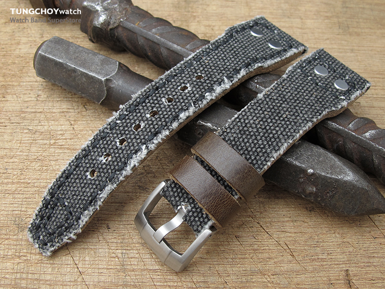 22mm MiLTAT Black Washed Canvas Watch Strap, Rivet Military strap