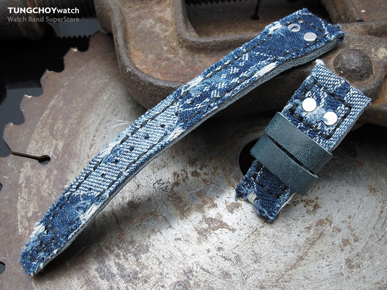 22mm MiLTAT Blue Distressed Denim IWC Big Pilot replacement Strap, Rivet Lug