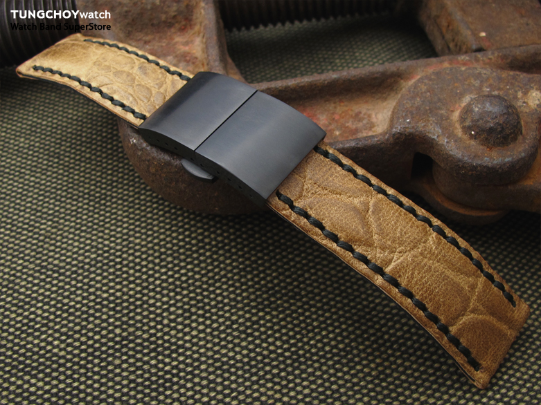 21mm, 22mm CrocoCalf (Croco Grain) Honey Brown Watch Strap with Black Stitches, PVD Dome Deployant Clasp
