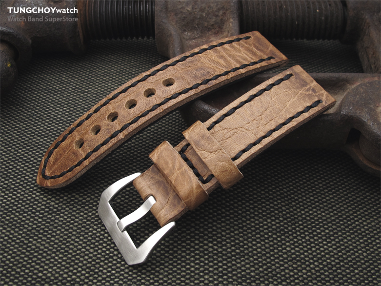 20, 21, 22mm CrocoCalf (Croco Grain) Honey Brown Watch Strap with Black Stitches