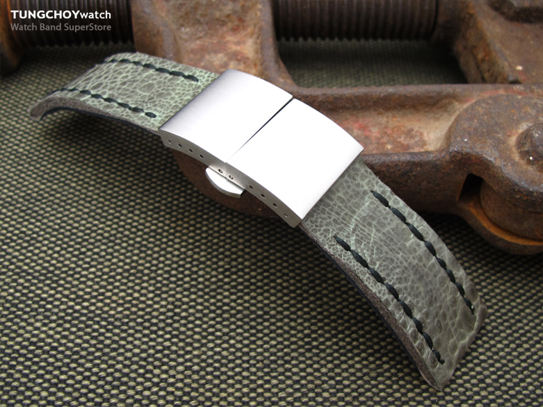 22mm MiLTAT Earth Grey Genuine Toad Watch Band, Green Wax Hand Stitch, Brushed Dome Deployant Clasp