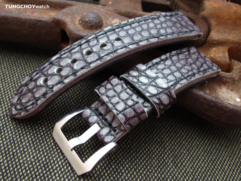 22mm MiLTAT Grey Siltstone Genuine Alligator Leather Watch Band, Black Stitching XL