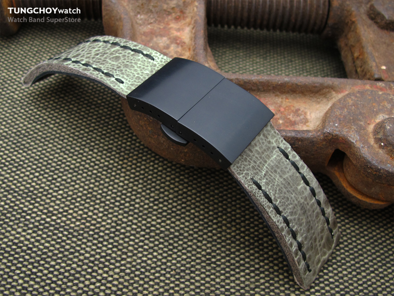 22mm MiLTAT Earth Grey Genuine Toad Watch Band, Green Wax Hand Stitch, PVD Black Dome Deployant Clasp