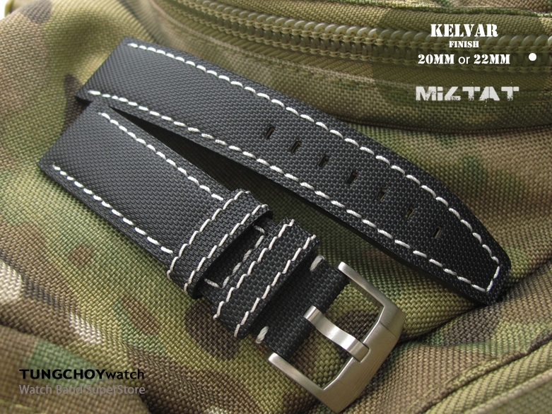 20mm, 21mm, 22mm or 23mm MiLTAT Kevlar Watch Strap in White Stitches