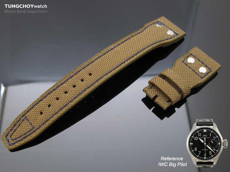 22mm MiLTAT Field Drab Cordura 1000D  IWC Big Pilot replacement Strap, Marine Blue Rivet Lug