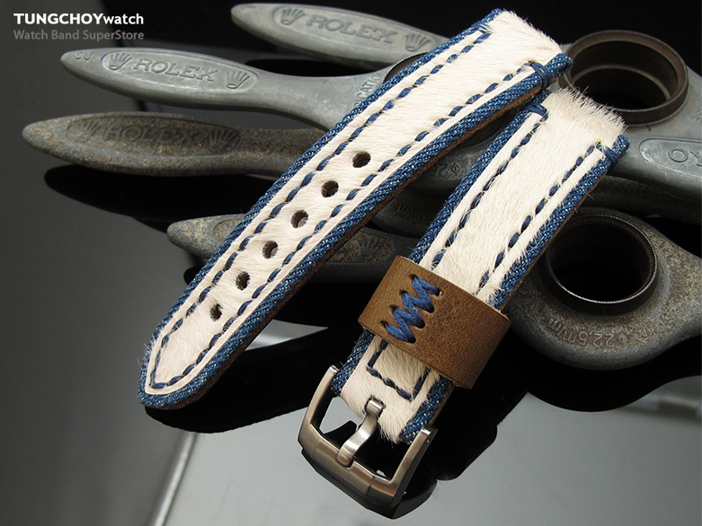 22mm MiLTAT Zizz Collection Beige Fur & Calf Watch Strap Blue Wax Hand Stitching