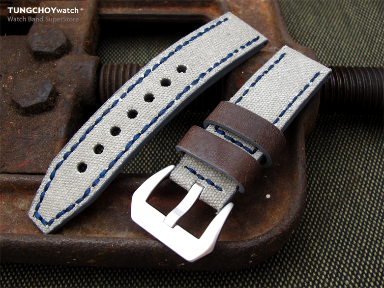 20mm MiLTAT Military Grey Leather Washed Canvas Ammo Watch Strap in Blue Stitches