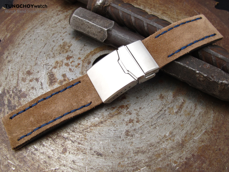 22mm MiLTAT Brown Nubuck Leather Watch Strap, Blue Wax Hand Stitch, Brushed Chamfer Diver Clasp