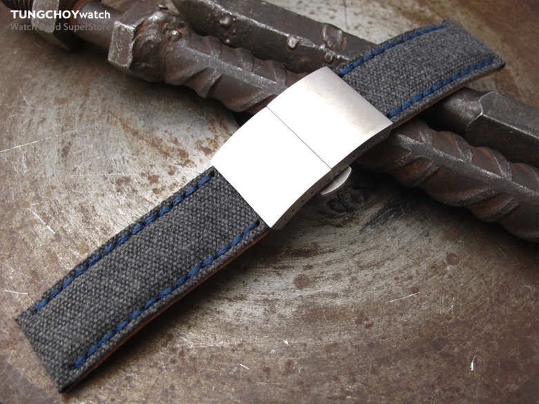 22mm, 24mm MiLTAT Black Washed Canvas Watch Band with Blue Wax Stitching, Brushed Dome Deployant Clasp