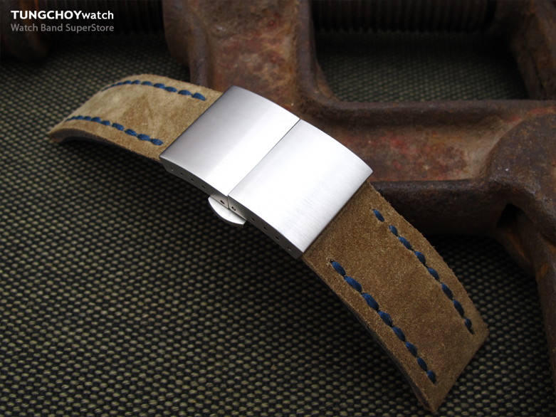 22mm MiLTAT Brown Nubuck Leather Watch Strap, Blue Wax Hand Stitch, Brushed Dome Deployant Clasp