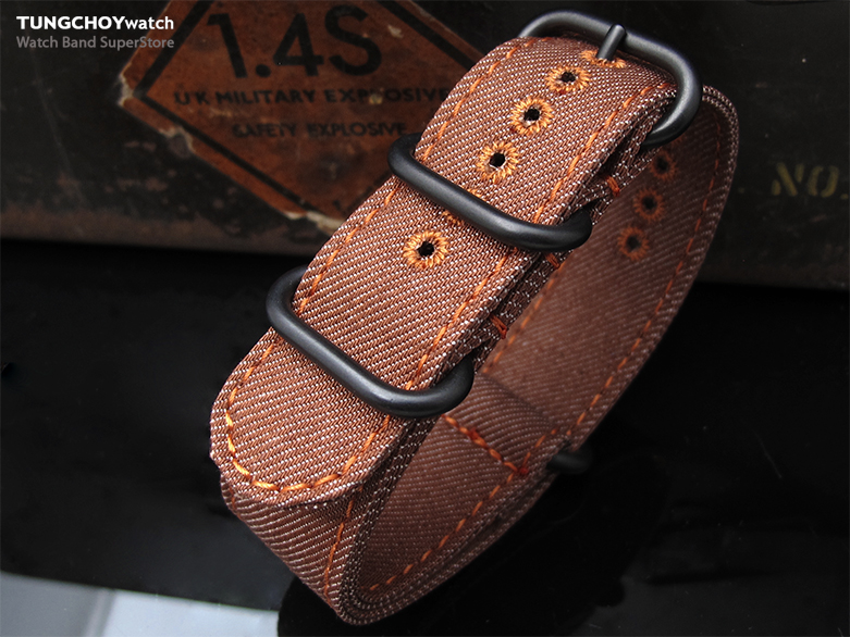 MiLTAT 22mm Washed Canvas Zulu Rust Brown Double Thickness Watch Strap, Lockstitch Hole, Brown Stitches, PVD