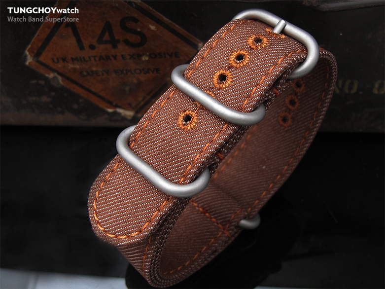 MiLTAT 22mm Washed Canvas Zulu Rust Brown Double Thickness Watch Strap, Lockstitch Hole, Brown Stitches