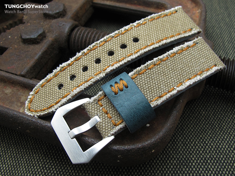 20mm, 21mm, 22mm MiLTAT Zizz Collection Khaki Washed Canvas Watch Strap, Brown Wax Hand Stitching