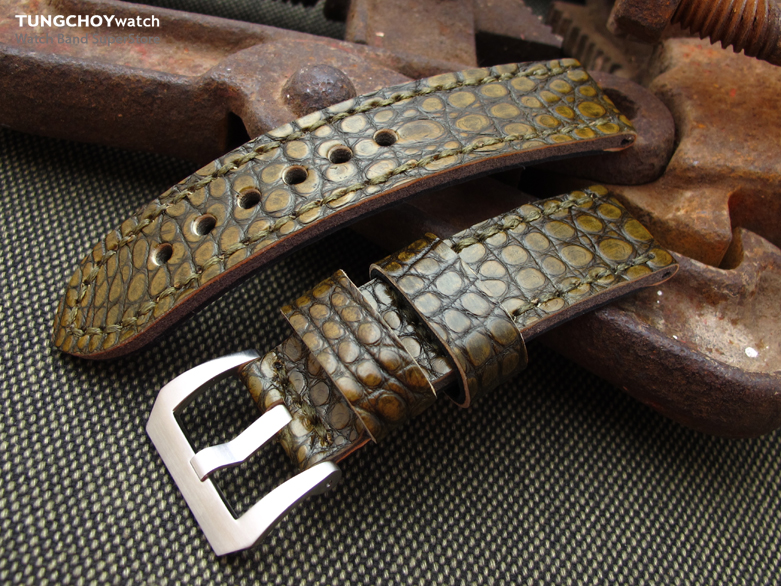 22mm MiLTAT Rusty Rock Genuine Alligator Leather Watch Band, Olive Green Stitching XL