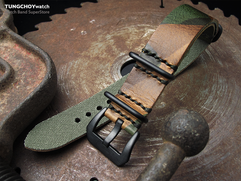 20mm, 22mm MiLTAT Grezzo SQ ZULU Watch Strap Woodland Camouflage Geniune Calf, PVD