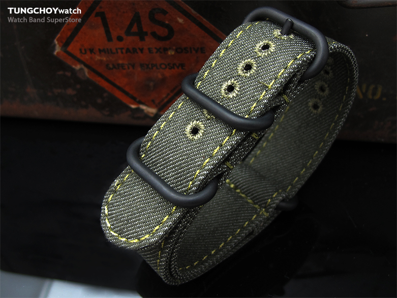 MiLTAT 22mm Washed Canvas Zulu Military Green Double Thickness Watch Strap, Lockstitch Hole, Green Stitches, PVD