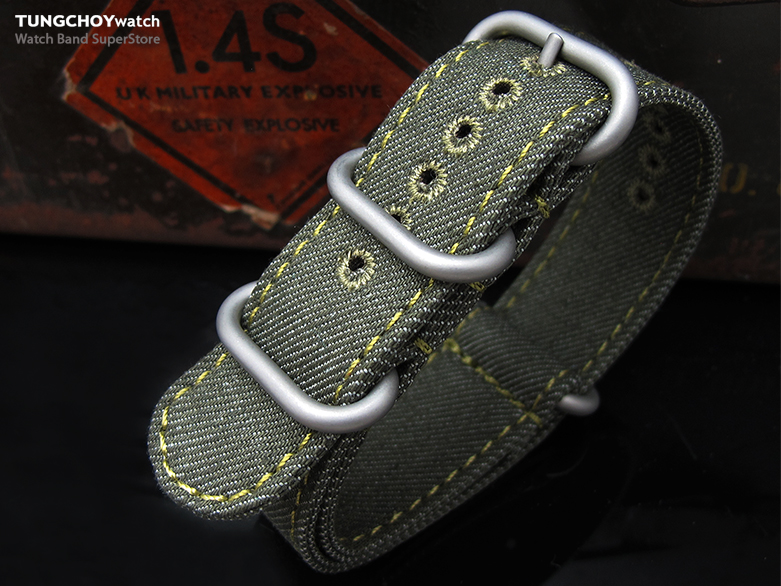 MiLTAT 20mm Washed Canvas Zulu Military Green Double Thickness Watch Strap, Lockstitch Hole, Green Stitches