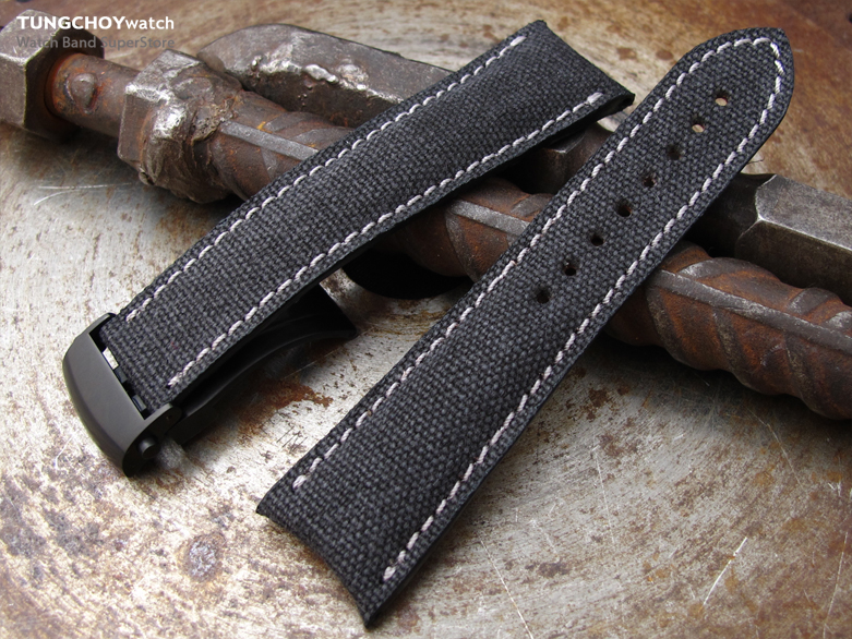 20mm, 21mm, 22mm MiLTAT Black Washed Canvas Roller Deployant Watch Band, Light Grey Stitching, PVD
