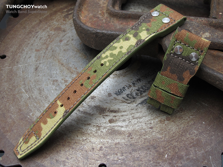 22mm MiLTAT Forest Camo Nylon IWC Big Pilot replacement Strap, Rivet Lug