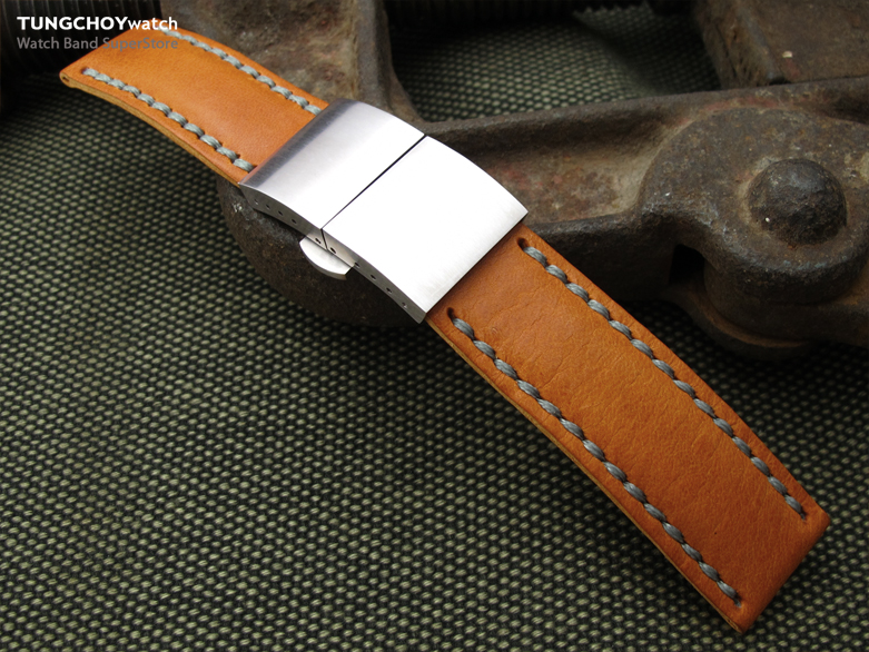21mm, 22mm or 23mm MiLTAT Pull Up Leather Orange Watch Strap, Military Grey Wax Hand Stitching, Brushed Dome Deployant Clasp