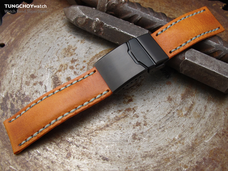 20,21,22,23mm MiLTAT Pull Up Leather Orange Tan Watch Strap, Beige Wax Hand Stitching, PVD Chamfer Diver Clasp