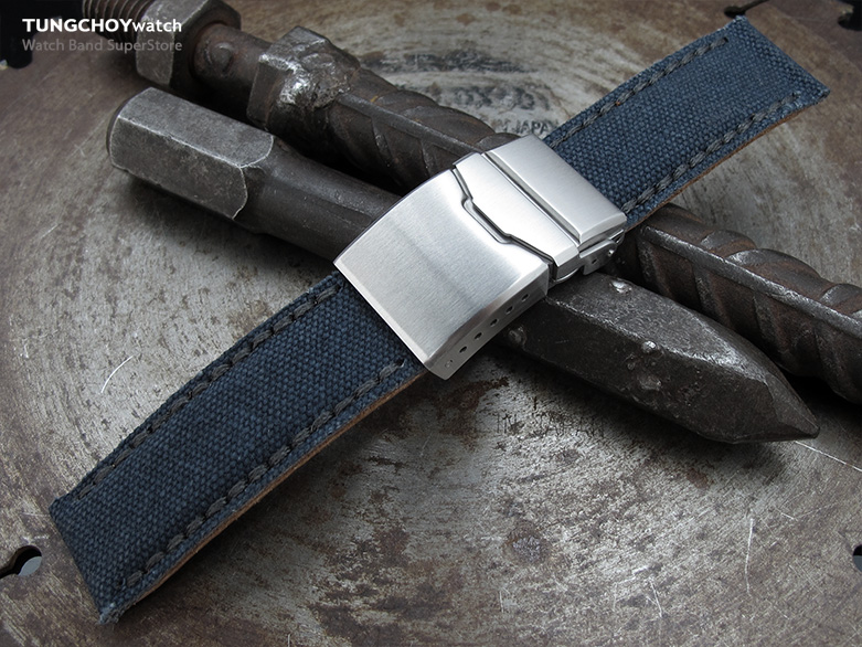 22mm MiLTAT Navy Blue Washed Canvas Watch Band with Dark Grey Wax Stitching, Brushed Button Chamfer Clasp