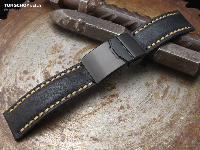 20,21,22,23mm MiLTAT Pull Up Leather Black Watch Strap, Beige Wax Hand Stitching, PVD Chamfer Diver Clasp