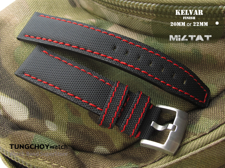 20mm or 21mm or 22mm or 23mm MiLTAT Kevlar Watch Strap in Red Stitches