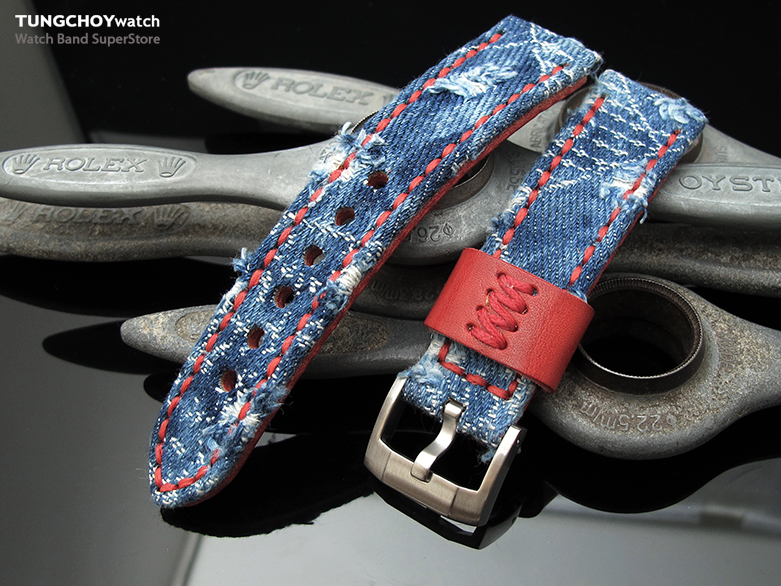 22mm MiLTAT Zizz Collection Distressed Denim Watch Strap Red Wax Hand Stitching