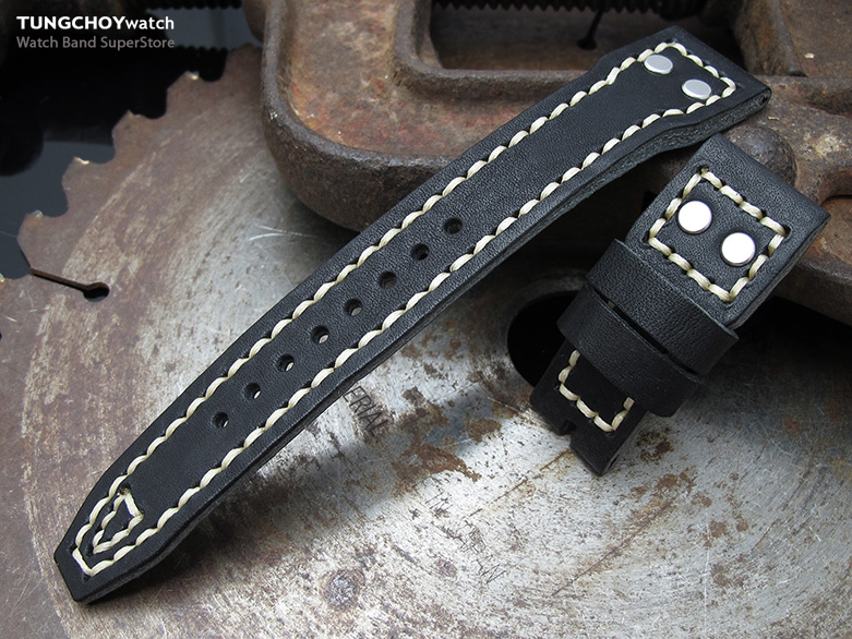 22mm MiLTAT Black Pull Up Italian Leather IWC Big Pilot replacement Strap, Rivet Lug