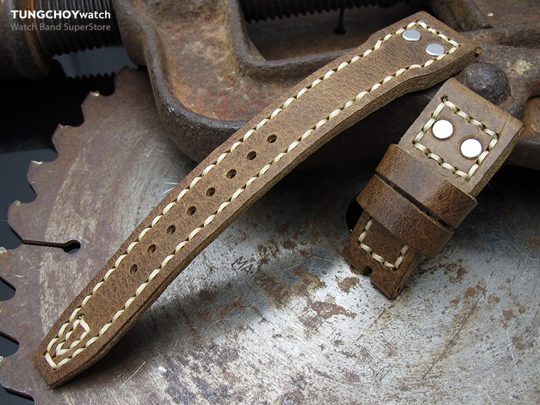 22mm MiLTAT Douglas Greenish Brown Pull Up Italian Leather IWC Big Pilot replacement Strap, Rivet Lug