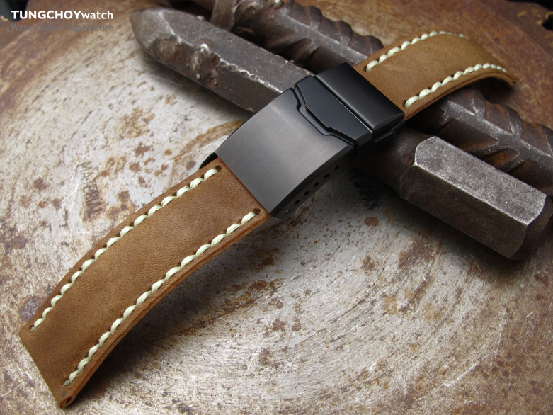 20,21,22,23mm MiLTAT Pull Up Leather Saddle Brown Watch Strap, Beige Wax Hand Stitching, PVD Chamfer Diver Clasp