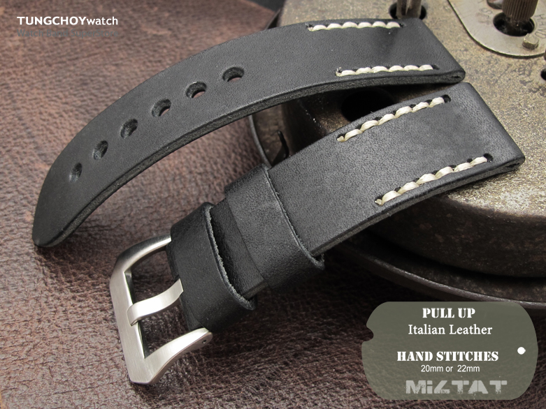 20mm MiLTAT Pull Up Leather Black Watch Strap, Beige Hand Stitches