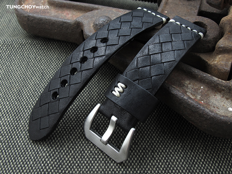 MiLTAT Zizz Collection 22mm Braided Calf Leather Watch Strap, Matte Black, Beige Stitches