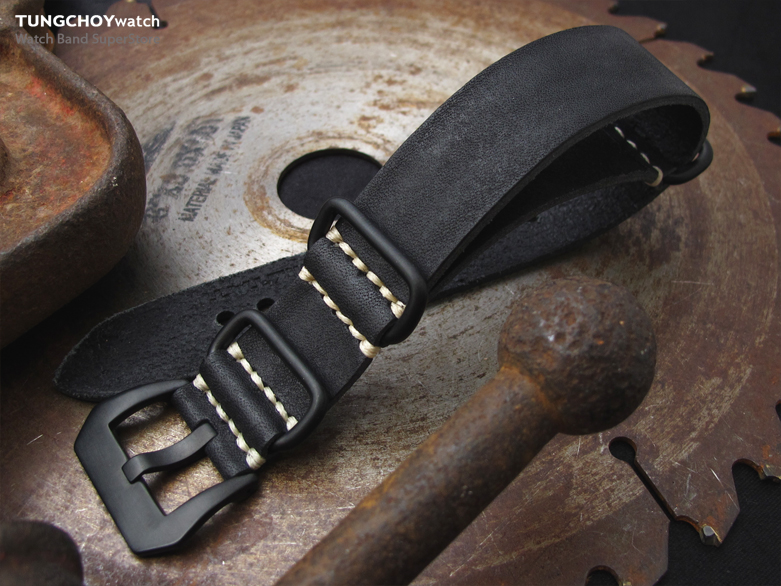 20, 22mm MiLTAT G10 Grezzo SQ ZULU Watch Strap Matte Nero Black Geniune Calf, PVD Black