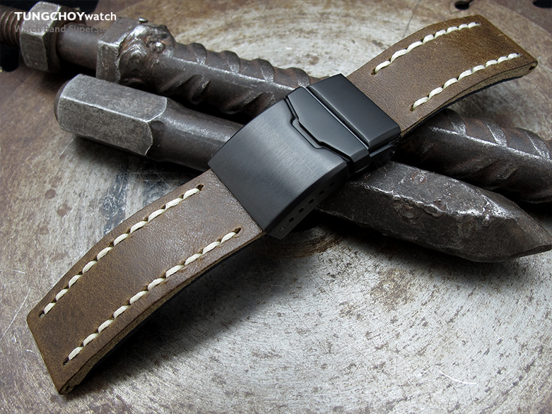 22mm MiLTAT Pull Up Aniline Green Italian Leather Watch Strap, Beige Wax Hand Stitch, Brushed Chamfer Diver Clasp