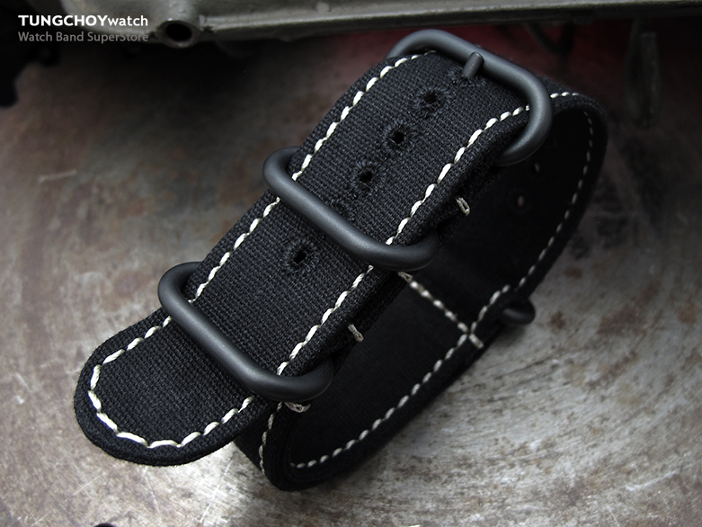 20mm MiLTAT Canvas G10 Military Watch Strap, Lockstitch Round Hole, Matte Black, PVD Buckle