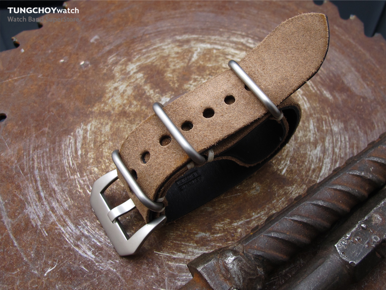 MiLTAT 20mm Nubuck Leather Grezzo Zulu watch strap Brown Thick armband - Beige Hand Stitch