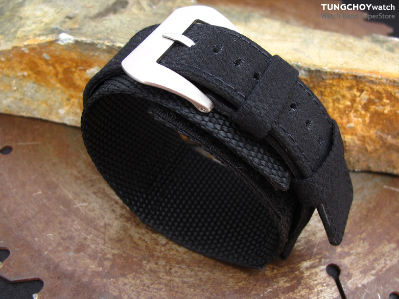 MiLTAT Double Layer Nylon 24mm Black Hook and Loop Fastener Watch Strap for 44mm Panerai, Brushed, Pre-V Buckle