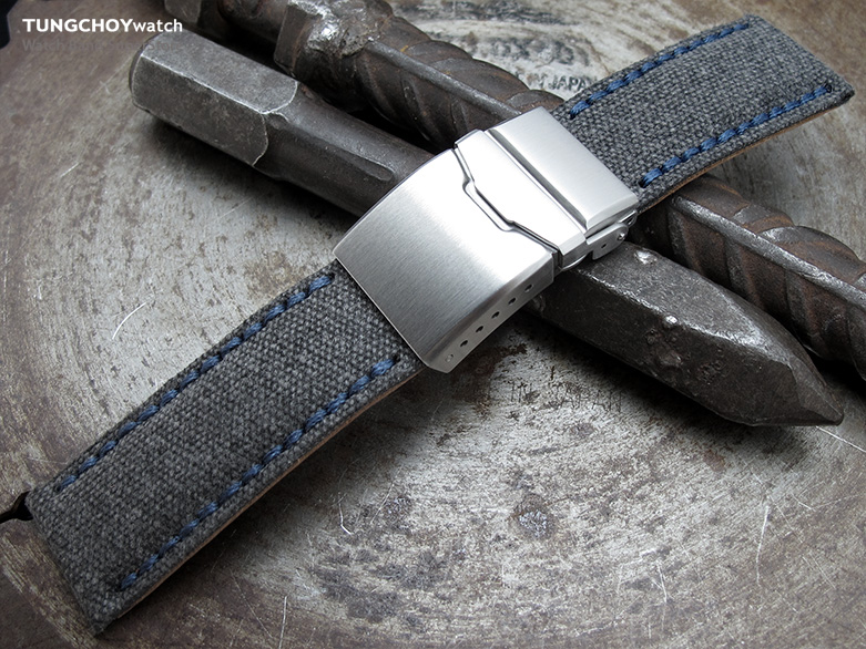 24mm MiLTAT Black Washed Canvas Watch Band with Blue Wax Stitching, Brushed Button Chamfer Clasp