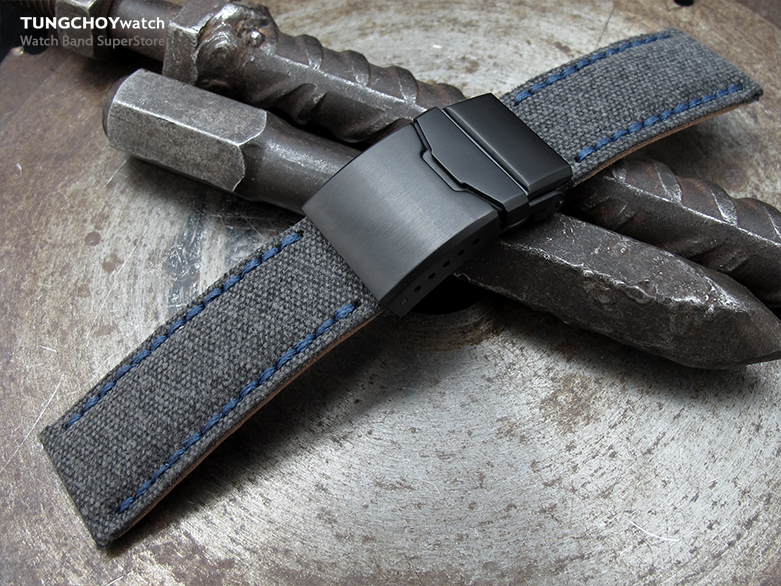 24mm MiLTAT Black Washed Canvas Watch Band with Blue Wax Stitching, Brushed Button Chamfer Clasp