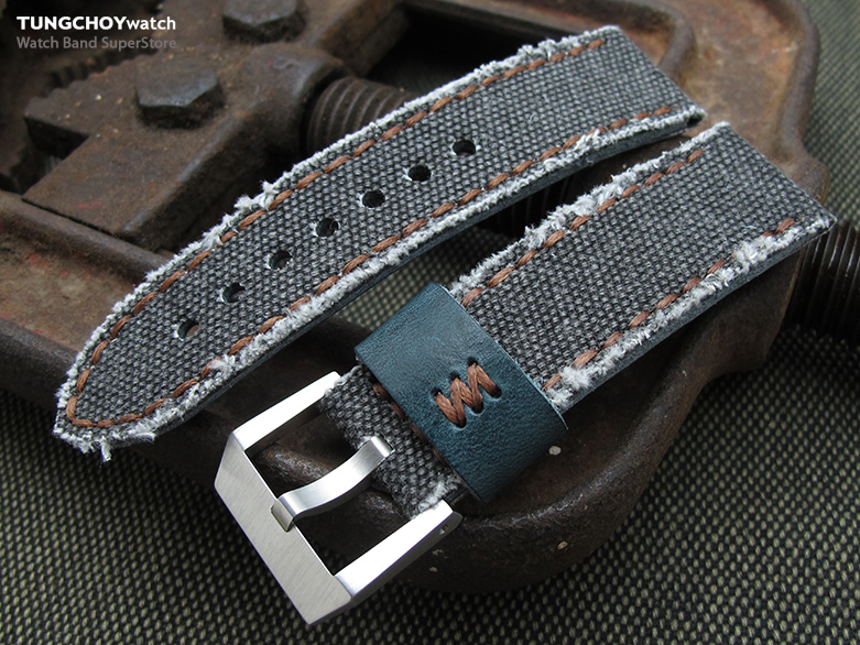 24mm MiLTAT Zizz Collection Black Washed Canvas Watch Strap, Brown Wax Hand Stitching