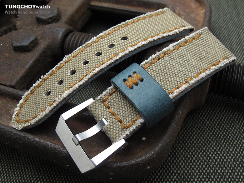 24mm MiLTAT Zizz Collection Khaki Washed Canvas Watch Strap, Brown Wax Hand Stitching