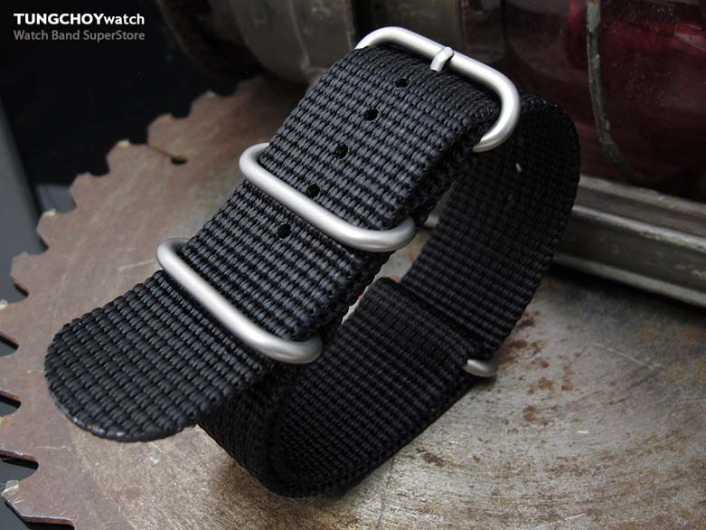 MiLTAT 26mm 3 Rings Zulu Military Watch Strap 3D Woven Nylon Armband - Matte Black, Brushed