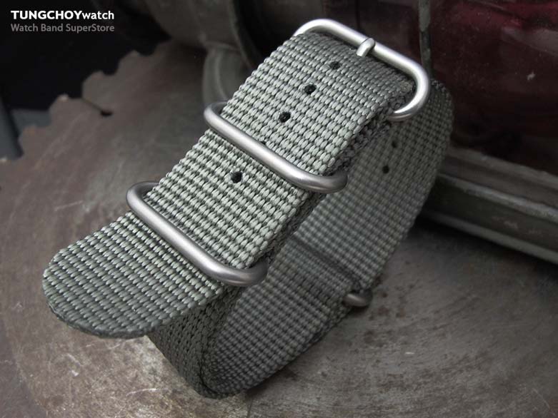 MiLTAT 26mm 3 Rings Zulu Military Watch Strap 3D Woven Nylon Armband - Matte Grey, Brushed