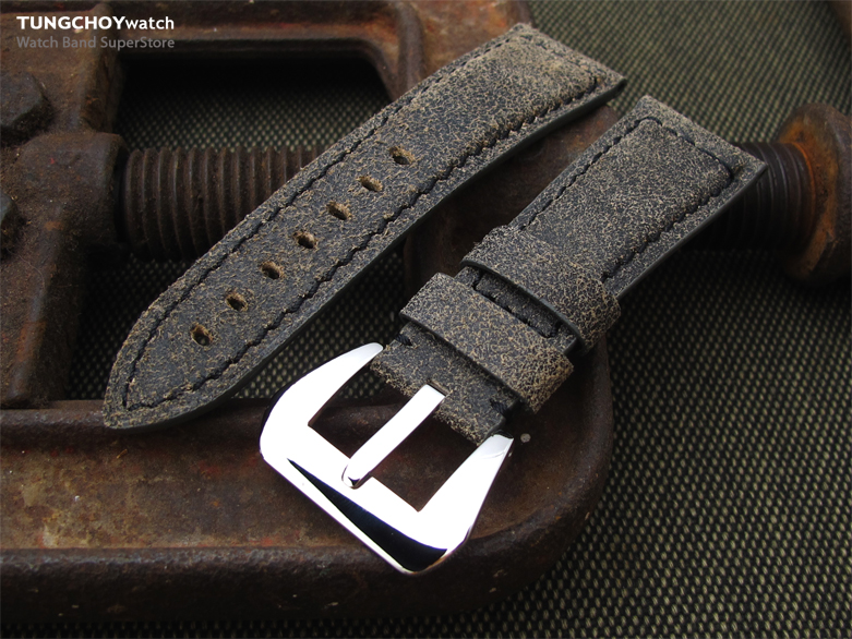 26mm MiLTAT Destroyed Vintage Brown Leather Watch Strap, Black Stitching
