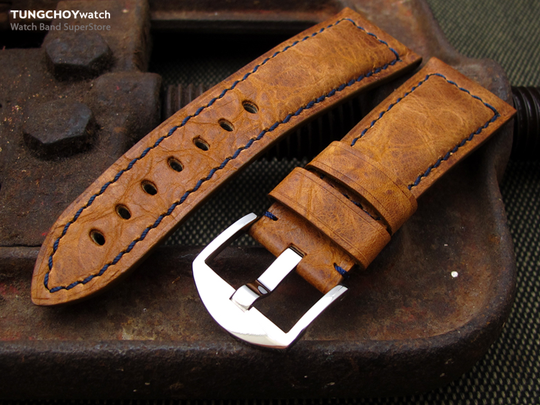 26mm MiLTATGeniune Calfskin  Matte Brown Leather Watch Strap, Navy Blue Stitching